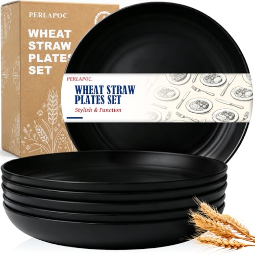 Image of 11In Large Wheat Straw Plates of 6, Plastic Plates Reusable, Black | Lightweight & Unbreakable Microwave & Dishwasher Safe Plates for Kitchen, Picnic, Party