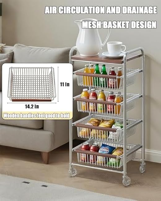 Fruit Basket Stand,5-Tier Snack Fruit Vegetable Cart Kitchen Storage Cart with Wooden Top and Pull-Out Baskets Rolling Pantry Kitchen Cart on Wheels for Storing Fruits Vegetables and Snacks-poBpIx57