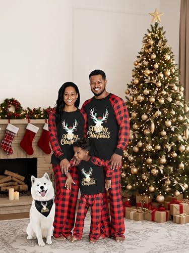Image of IFFEI Matching Family Pajamas Sets Christmas PJ's with Letter and Plaid Printed Long Sleeve Tee and Bottom Loungewear