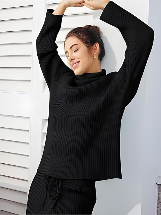 Image of TYSORT Women's Winter Woolen Turtleneck Sweater with Pajama | Warm Winter Wear Cord Set | Woolen Tracksuit Loungewear Set