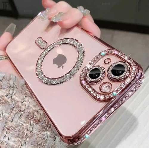 Image of Cute Compatible with iPhone 15 Diamond Glitter Case,Luxury Bling Rhinestone Soft Clear TPU Bumper Case,Compatible with MagSfe and Camera Lens Protection Cover for Women Girls (Pink)