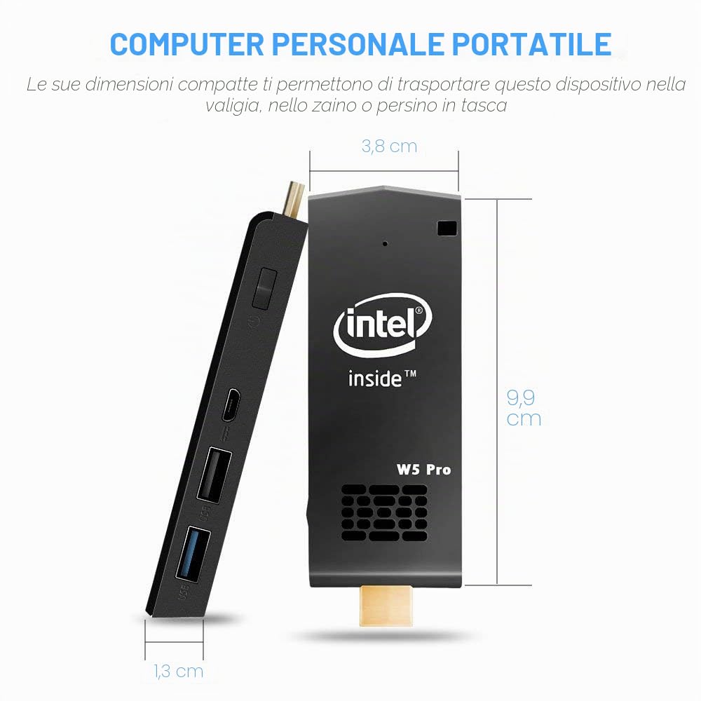 W5 Pro Mini PC Intel Atom Z8350 Windows 10 Computer Stick 4GB DDR 64GB eMMC Supporto 4K HD, Dual Band WiFi AC, 2 porte USB, BT 4.2