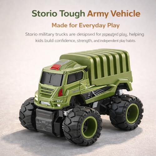 Image of Storio 4WD Monster Military Truck Toy for Kids | Pack of 4 Friction Powered Push & Go Cars | Off-Road Rock Crawler Vehicles for Boys | Durable, Safe & Fun Mini Trucks for Indoor & Outdoor Play