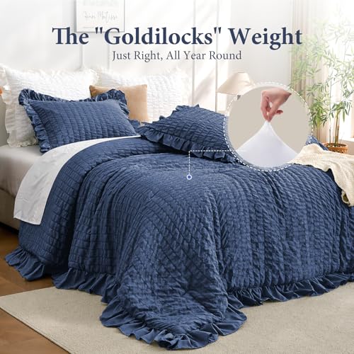 Image of JOLLYVOGUE Oversized King Comforter Set, 3 Pieces Navy Blue Seersucker Comforters, Lightweight & Fluffy Bedding Sets for All Season with 1 Ruffle Comforter and 2 Ruffle Pillowshams