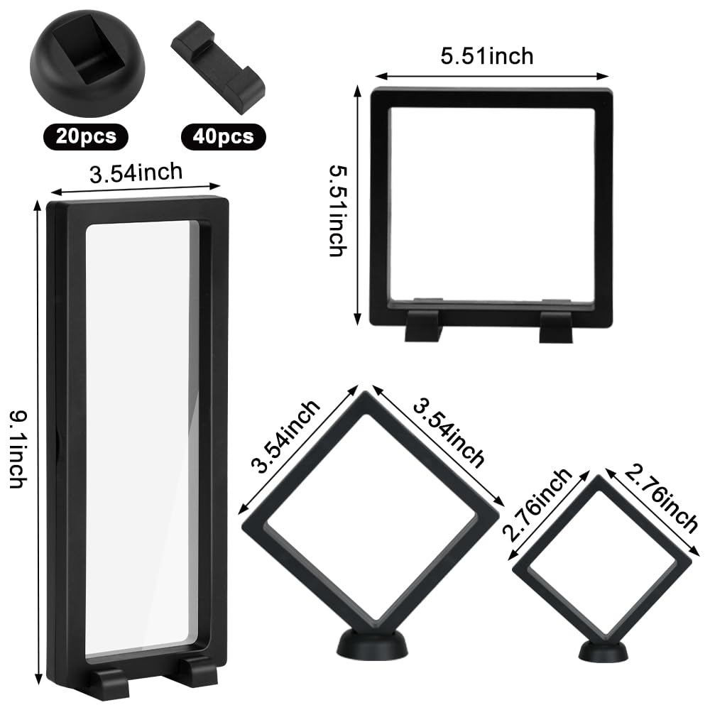 RETON 40 Pack 3D Floating Frame Display Case with Bases, Challenge Coin Display Holder Stands, Large Suspension PE Transparent Jewelry Storage Boxes for Medallions Specimen Stamps
