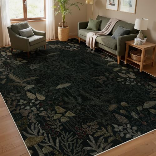 Joydeco Mushroom Washable 8x10 Area Rugs for Living Room Boho Floral Bedroom Rug Non Slip Soft Botanical Low-Pile Floor Indoor Throw Carpet for Dining Dorm Home Office Black-Brown