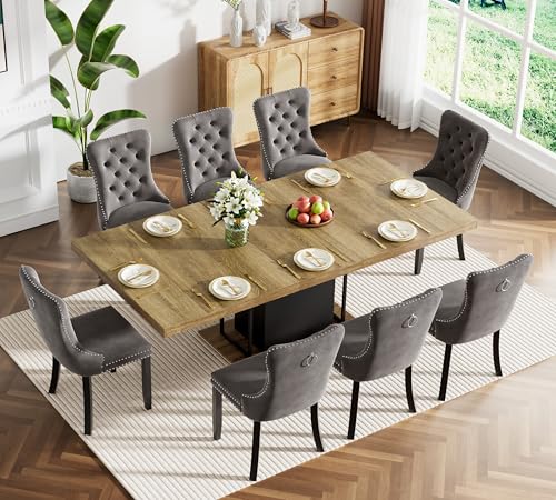 Image of 9 Piece Extendable Dining Table Set for 8, Farmhouse Wooden Kitchen Table Chairs Set for 8, 78.74 inch Expandable Dining Table with Grey Velvet Chairs, Dining Room Table Set 8 for Family Gathering Party