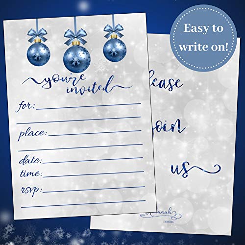 Christmas Party Invitations, Christmas Party Invites, Holiday Invitations, Classic Holiday Invites-Winter Open House Dinner Luncheon Party -Blue Ornament Fill In Style Cards (25 Count) With Envelopes #TOP6