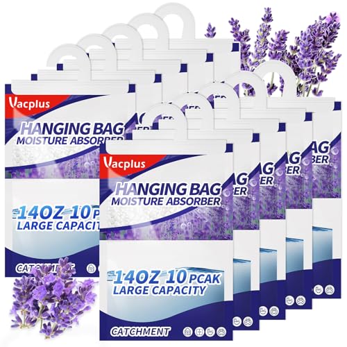 Image of Vacplus Moisture Absorber, 14.0 OZ Hanging, Strong Absorption, Lavender | Closet, Enclosed Spaces, Bathroom, Odor Eliminator, Dehumidifier Bags, 10 Pack