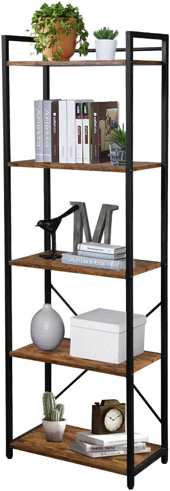 LENTIA 5 Tier Storage Shelves Bookshelf Industrial Bookshelf Bookcase Shelving Unit Plant Stand with Metal Frame 55 * 30 * 160cm (Rustic Brown)