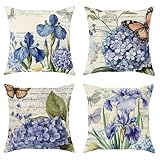 Iris Dekokissenbezüge, 4er-Set, Vintage, botanische Hortensie, Schmetterling, Frühlingsblau, mit verstecktem Reißverschluss, quadratisch, für Wohnzimmer, Wohnung, Bett, Sofa, Dekoration, 40,6 x 40,6
