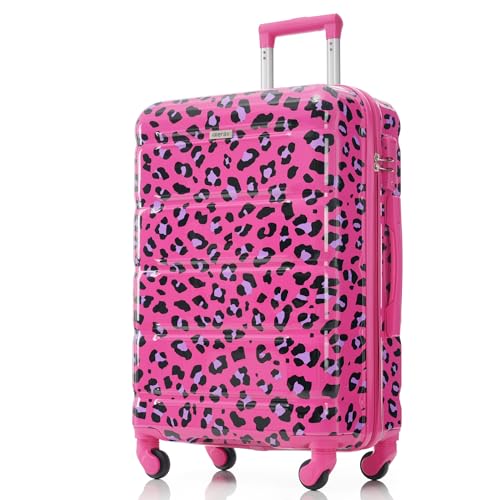 Image of Hardside Luggage Sets, Lightweight Stripes Suitcase with Spinner Wheels, Fuchsia Leopard Print