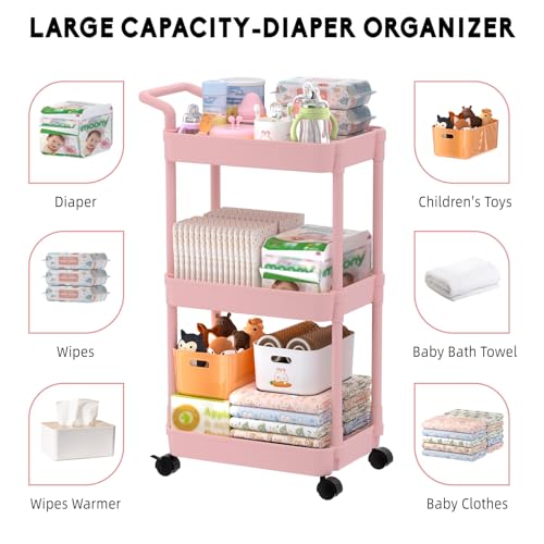 Image of Volnamal Diaper Caddy - Plastic Diaper Organizer for Nursery Essentials, Baby Organizers and Storage, Movable Cart for Changing Table & Crib, Baby Registry Search, Pink