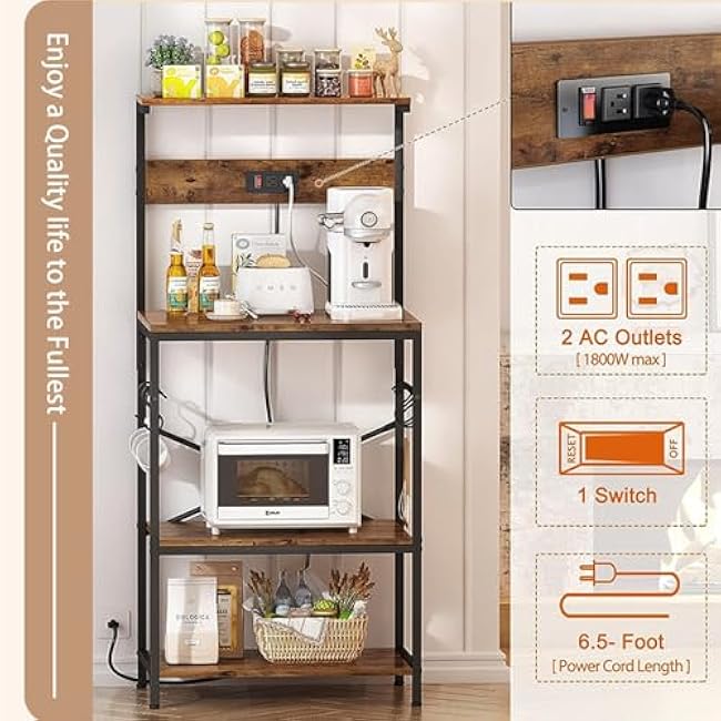 Multifunctional Microwave Stand with Power Outlets - 3-Tier Storage Shelf, Adjustable Height, Sturdy Steel Frame & Particle Board, for Kitchen/Living Room