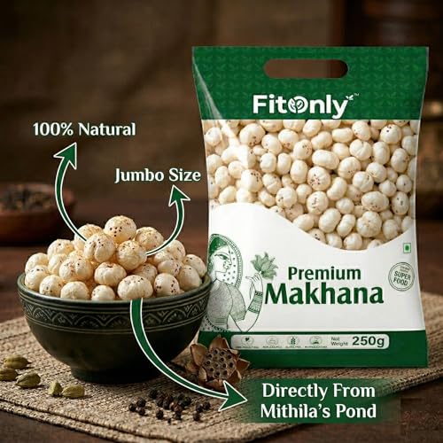 Image of FitOnly Authentic Mithila Makhana 250 gm | Directly From Mithila Farmers | Uniform Size Chemical Free Makhana| High Protein Gluten-Free Foxnuts | Ideal for Fasting, Diet & Healthy Snacking