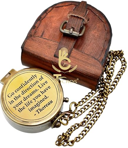 Brújula de bolsillo antigua con cita inspiradora y estuche de cuero miniatura 2