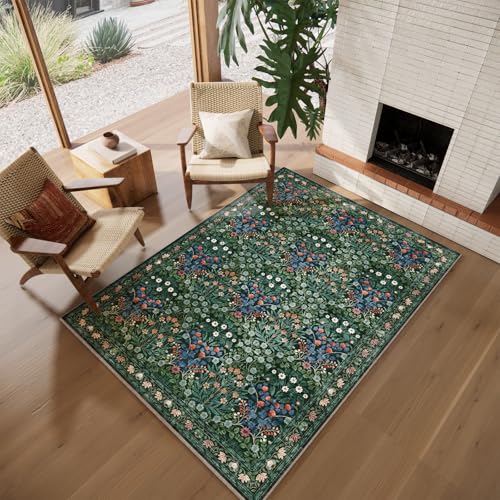 Image of Floral Dark Green Area Rugs 5x7, Soft Washable Non-Slip Low Pile Boho Rugs for Living Room & Bedroom, Stain Resistant Forest Farmhouse Large Carpet for Dining Room & Office