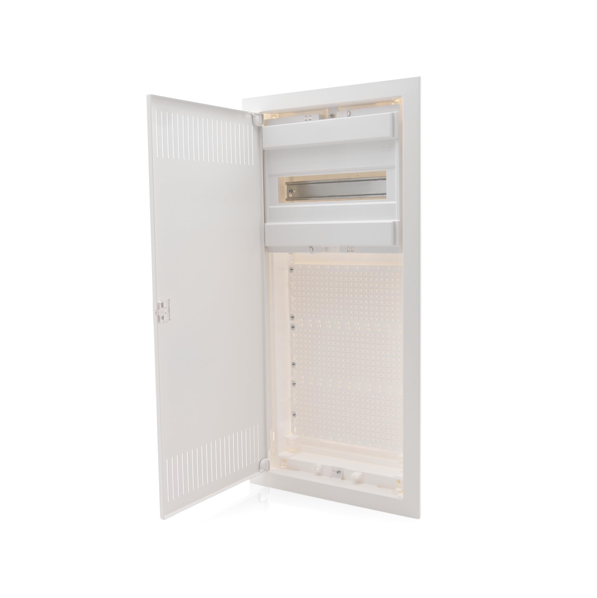 Intratec boîtier multimédia et tableau de distribution combiné encastré, IP30, 717 x 346 x 92 mm, 1 rangée, 12+2 modules, porte en acier blanc RAL 9003, répartiteur de communication