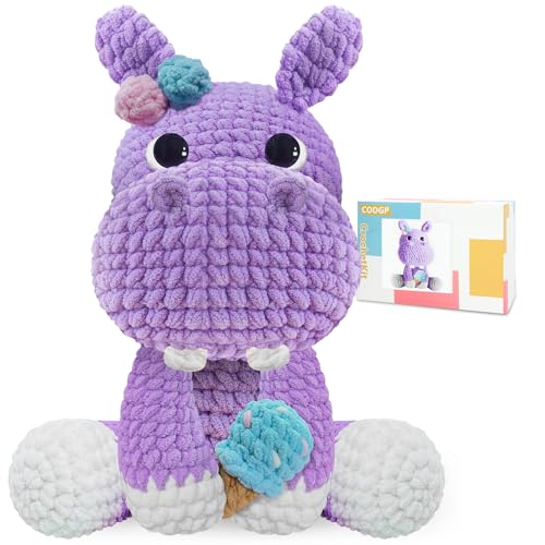 Image of CODGP Crochet Kit for Beginners, 11.8-Inch Hippo Crochet Kit for Adults | Crochet Starter Kit Gift, Animal Amigurumi Kit, Durable Chenille Yarn, Full Supplies, Step-by-Step Videos, for Crochet Lovers