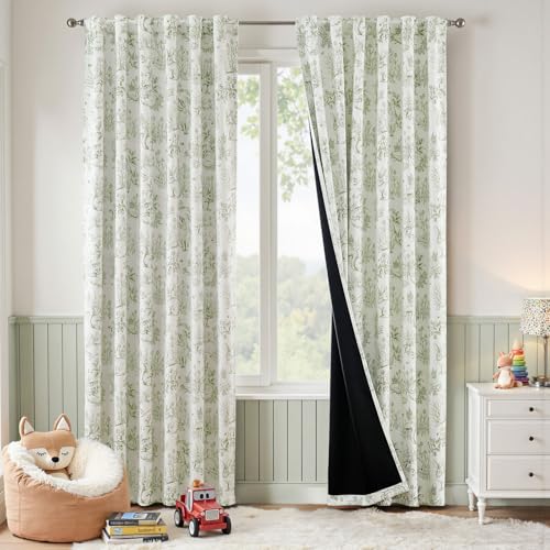 Image of JINCHAN 95% Blackout Nursery Curtains 84 Inches Long, Bunny Woodland Toile Easter Decor Curtains Sage Green on Beige Animal Printed Drapes Bedroom Spring Decoration Farmhouse Window Treatment 2 Panels