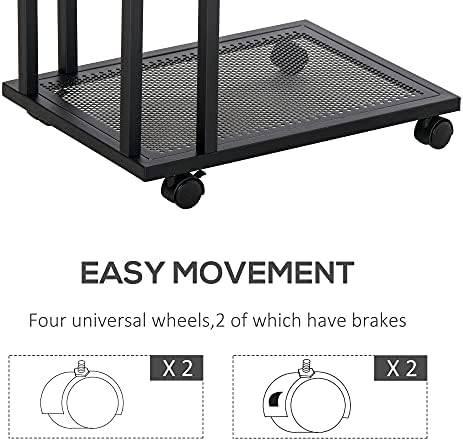 HOMCOM C Shaped Side Table with Wheels, Mobile End Table, Laptop Stand with Metal Frame and Storage Shelf, Rustic Brown