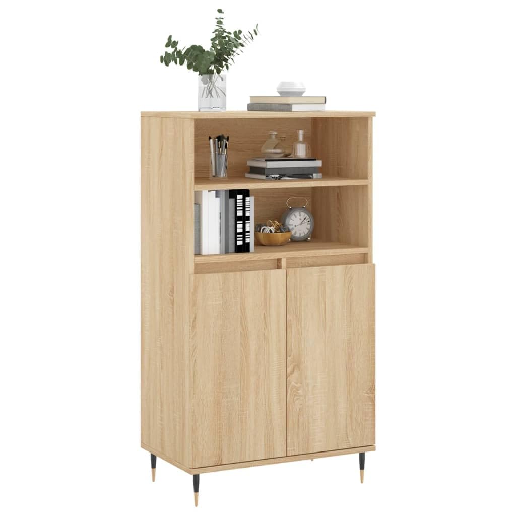 Highboard dąb Sonoma 60 x 36 x 110 cm, materiał drewnopochodny z metalowymi nóżkami, kredens do salonu, komoda z szufladami, szafa, schowek, szafa na ubrania, alternatywna, komody i kredensy