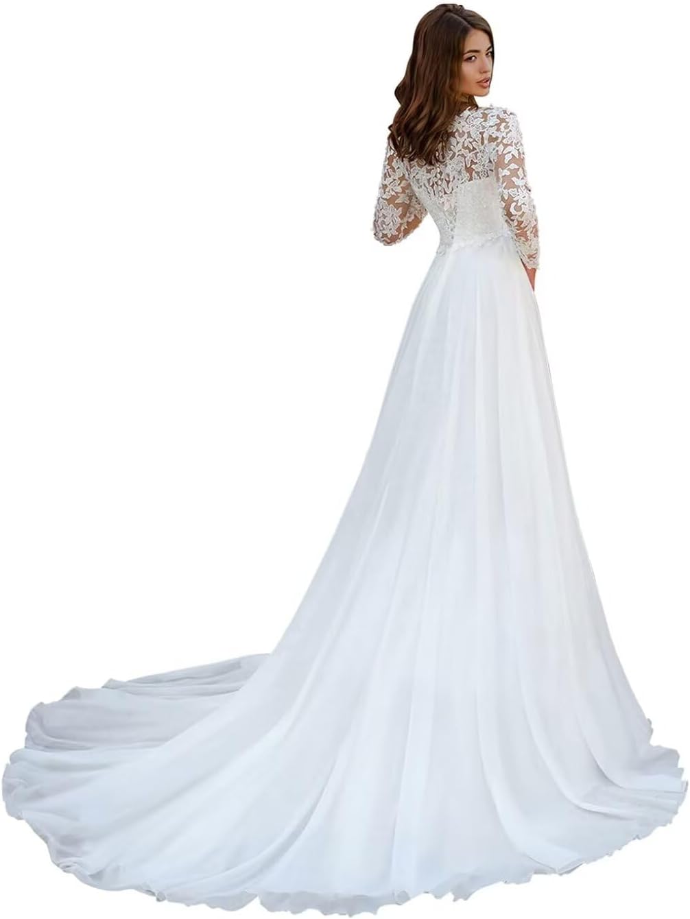 A Line Long Sleeves Chiffon Wedding Dresses for Bride, Lace Appliques Bridal Dresses with Train for Women