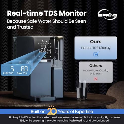 Image of iSpring RCD100UHCG UV Alkaline Hot & Cold Countertop Reverse Osmosis Water Filter Dispenser with Mineral & LED UV Filter, 9 Temp Options (50-210F), 6 Volumes, TDS & Filter Life Monitor