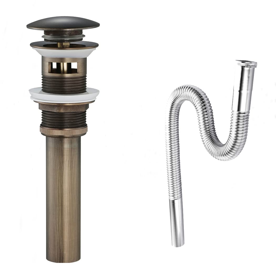 WRIST Drenaje del Lavabo del Baño, Desagüe Emergente del Fregadero del Recipiente con Tapón De Cesta Desmontable Desagüe del Baño De Latón con Manguera De Acero Inoxidable Y Rebosadero,Brozne