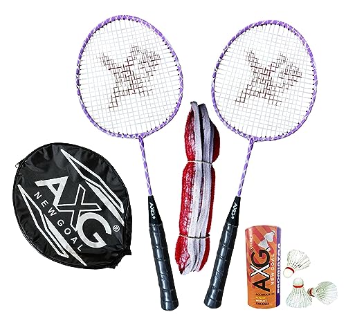 Image of AXG Durable & Stylish Design 2 Racquets with 3 Feather shuttles, net and Cover Badminton Kit (Purple)