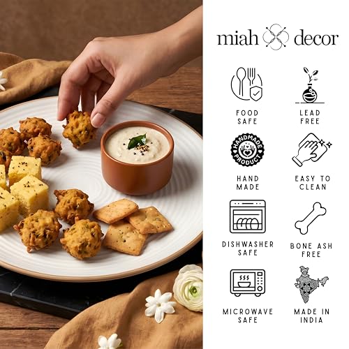 Image of miah decor Dinner Plates Ceramic Set of 4 (10 inch) & Mini Dip Bowl Set of 2 (2.5 inch) | Handcrafted Stoneware Ribbed Off White Matte Finish Plate for Dining & Gifting | Microwave & Dishwasher Safe