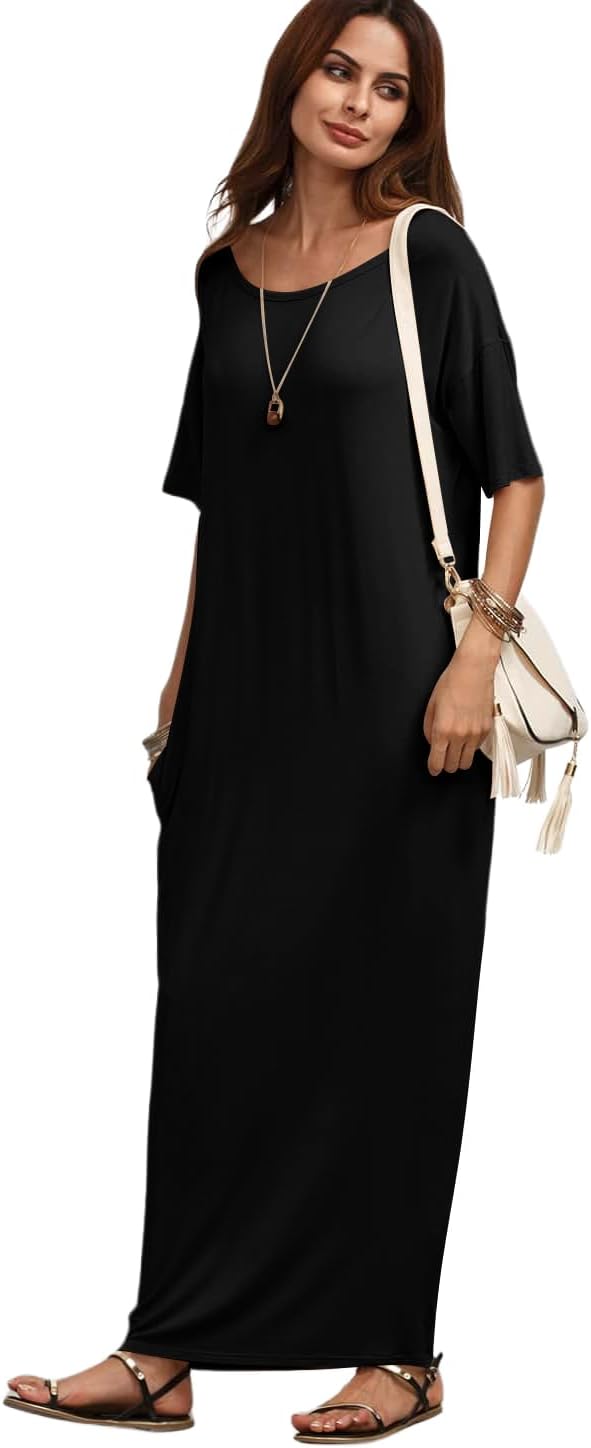 Verdusa Women's Short Sleeve Loose Long Maxi Lounge Dress with Pockets