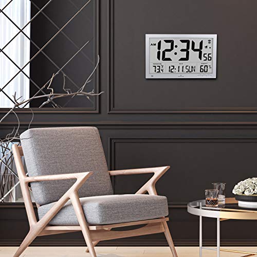 Marathon Slim Atomic Wall Clock with Jumbo Display, Calendar, Indoor Temperature & Humidity. Color-Graphite Grey. SKU-CL030062GG - Thumbnail 3