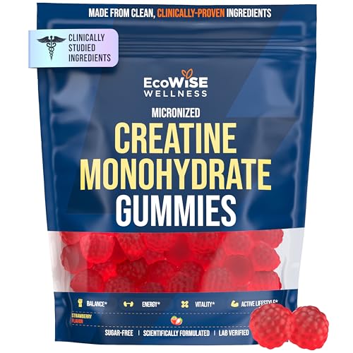 EcoWise Wellness Creatine Monohydrate Gummies 5000 mg, Strawberry Flavor, 120 Sugar-Free Vegan Chews, Creatine Supplement for Daily Routine