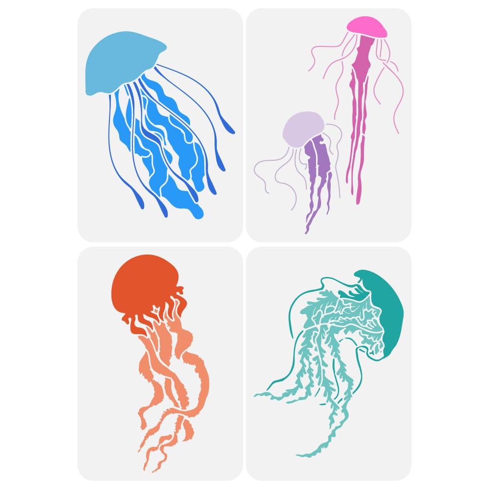 FINGERINSPIRE 4PCS 4 Styles Jellyfish Stencil for Painting 21x29.7cm Reusable Sea Life Stencils Jellyfish Pattern Ocean Theme Stencil for Painting on Wall Wood Canvas Fabric Floor Furniture