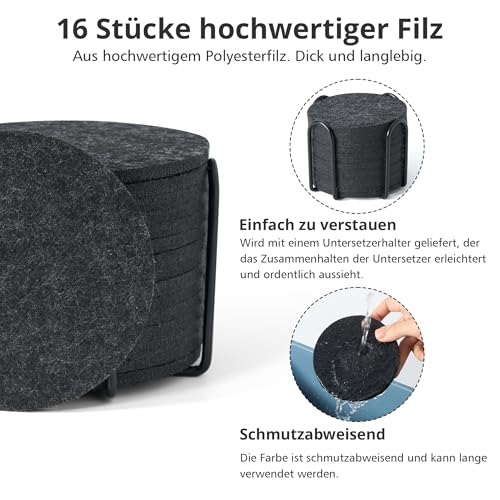 16er Set Filz Untersetzer, Filzuntersetzer für Getränke, Design Glasuntersetzer in dunkelgrau für Getränke, Kerzen, Tassen, Bar, Glas Tisch Deko