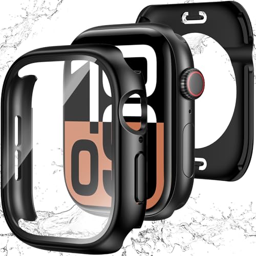 YIJDACASE [3 in 1] Waterproof Case for Apple Watch Series 11/10 46mm Built-in Tempered Glass Screen Protector 360 Full Coverage PC Bumper Sensitive Touch Protective Cover Matte Black