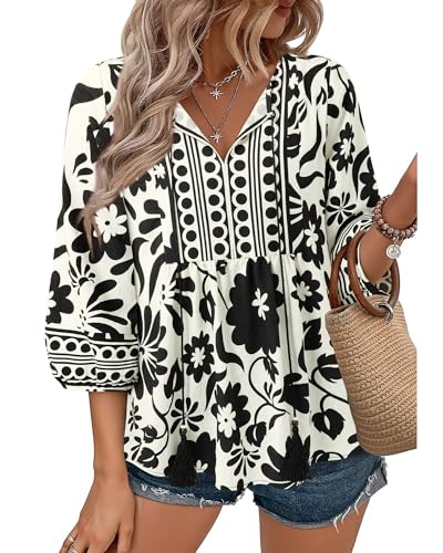 Image of Vivilli Womens Summer Boho Babydoll Tops 3 /4 Sleeve Pleated Peplum Blouses Casual V Neck Tie Front 2026 Tunic Tops