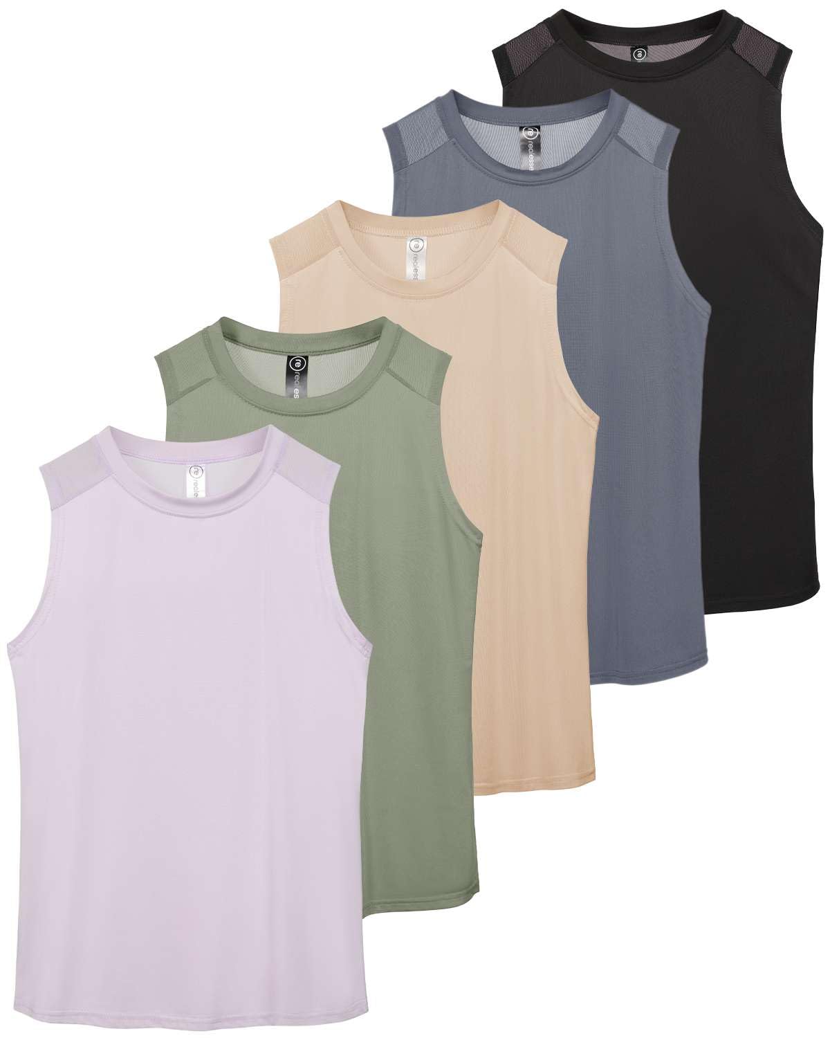 Real Essentials 5 Pack: Women's Dry-Fit Racerback Muscle Tank Tops –Workout Shirts Mesh Insert, Athletic (Available in Plus)