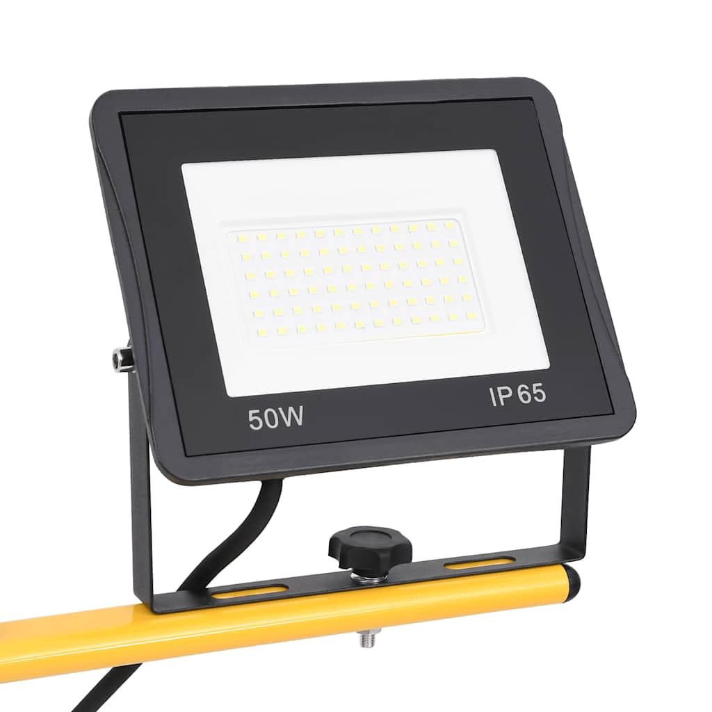 Foco LED con trípode, 2 x 50 W, luz blanca fría, carcasa de aluminio, 7000 lúmenes, ángulo de haz de 120°, cable de 3 m, altura ajustable, resistente para obras, taller, jardín, terraza