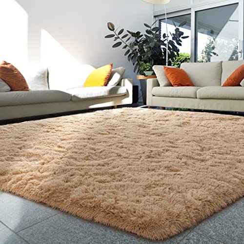 HOMORE Light Tan Fluffy Area Rug 5x8 Beige Shag Rugs for Bedroom Living Room, Super Soft and Comfy Carpet for Living Room, Cute Rugs and Carpets for Kids Nursery Girls Home Dorm Decor