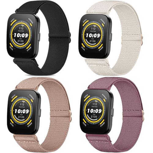 CUNUJIX 4 Pack Stretchy Watch Bands Compatible with Amazfit Bip 6 /Bip 5/ GTR 4 / GTR 3 / GTR 3 Pro/GTR 2 / GTR 2e 22mm Loop Nylon Elastic Fabric Strap for Amazfit Cheetah Pro/Balance