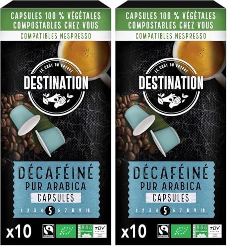 LE GOÛT DU VOYAGE DESTINATION Cápsulas de Café Descafeinado, Apto para Veganos, Café de Especialidad 100% Pur Arábica, Tostado Artesanalmente, Intensidad Media (Paquete de 2)