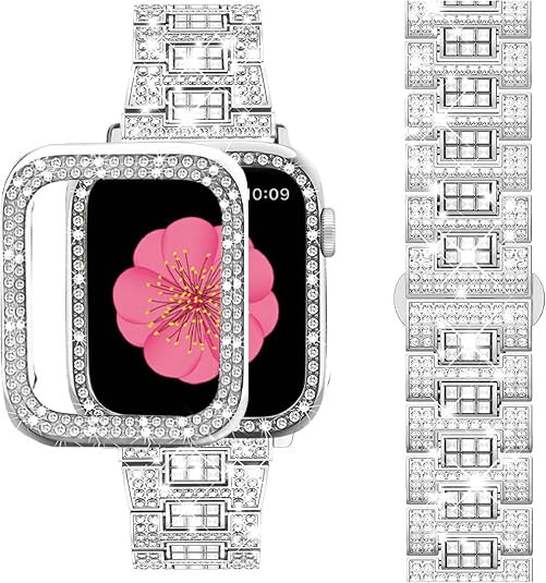 Image of SUPOIX for Apple Watch Band 45mm + Case, Shiny Bands for Women (Silver) | Sparking Bling Metal Bands & 2 Pack Protective Cover Cases for iWatch Series 9 /8 /7 45mm