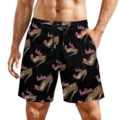 Leopard High Heels Mens Swim Trunks Quick Dry Beach Board Shorts with Pockets