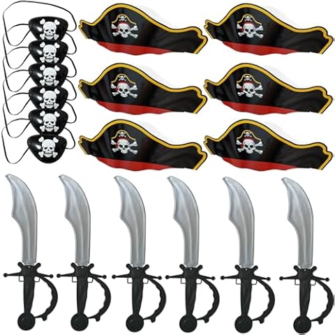 18 Pcs Pirate Party Cosplay Set, Kids' Pirate Party Favors Supplies Costume Accessories Include 6 Paper Pirate Hats, 6 Pirate Eye Patches, 6 Plastic Pirate Swords for Pretend Play Stage Prop Cover