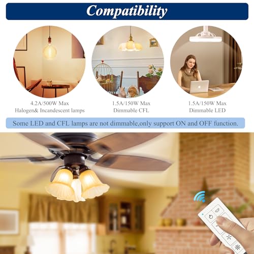 Image of Ceiling Fan Remote Control Kit & Dimmer Wall Switch | 3-Speed Fan & Light Dimmer, 2 /4 /8h Timer For Auto-Off, No In-Wall Wiring, for Hampton Bay Hunter Harbor Breeze Ceiling Fans