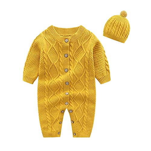 De feuilles Body Bébé Grenouillères avec Bonnet Naissance Manches Longues Combinaison Barboteuse Ensemble de Pyjama en Tricot Jaune 0-3 Mois