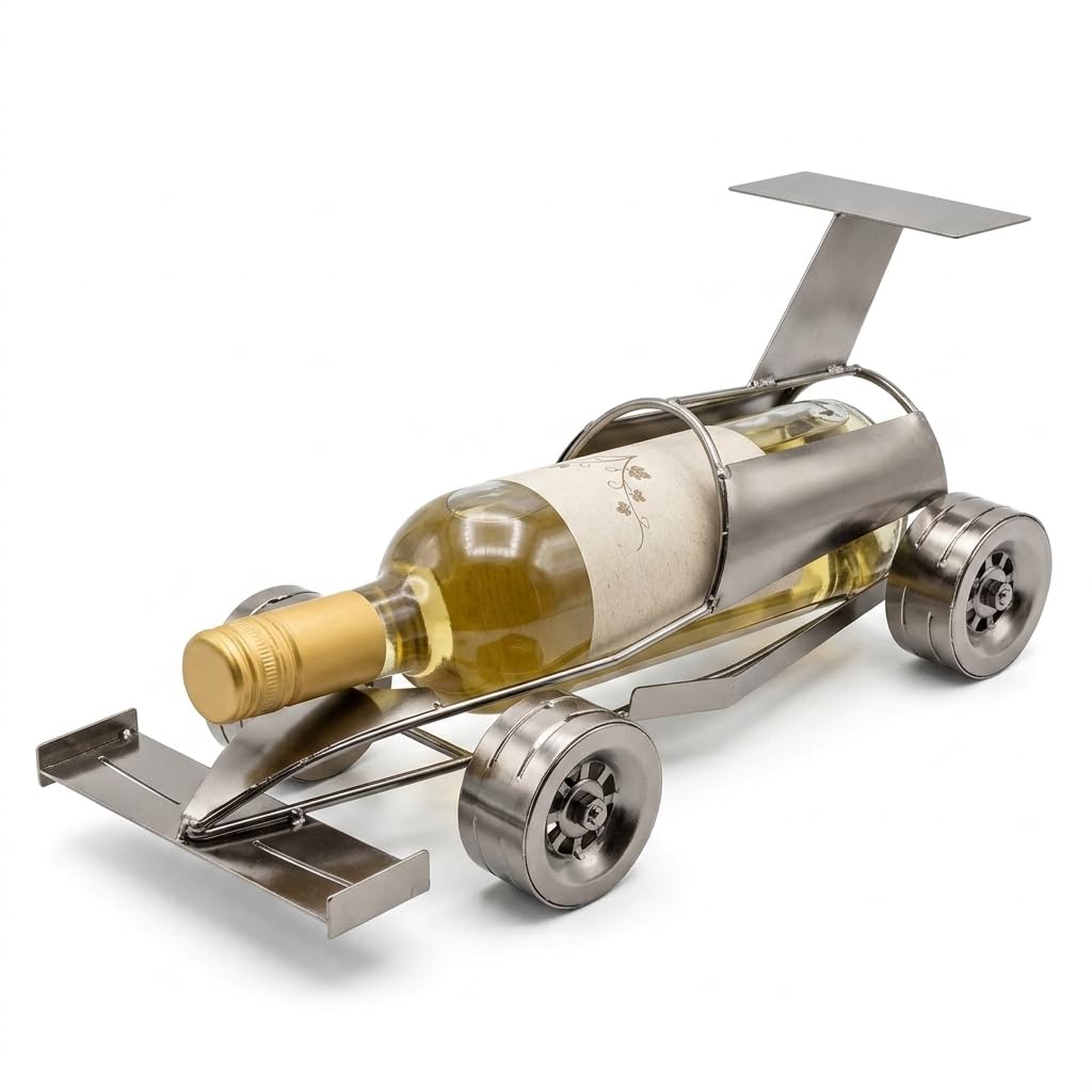 MIJOMA Porte-bouteille de vin voiture de course en métal - Décoration élégante pour cuisine et salon - Argenté - 30 x 13 x 13 cm - Idéal pour les amateurs de vin, MIJ-84980