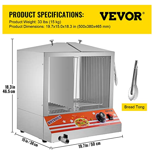 VEVOR Electric Hot Dog Steamer, 36L/32.69Qt Capacity for 100 Hot Dogs & 48 Buns, Stainless Steel Bun Warmer Cooker, with Acrylic Windows Partition Plate Shelves Food Clip PTFE Tape